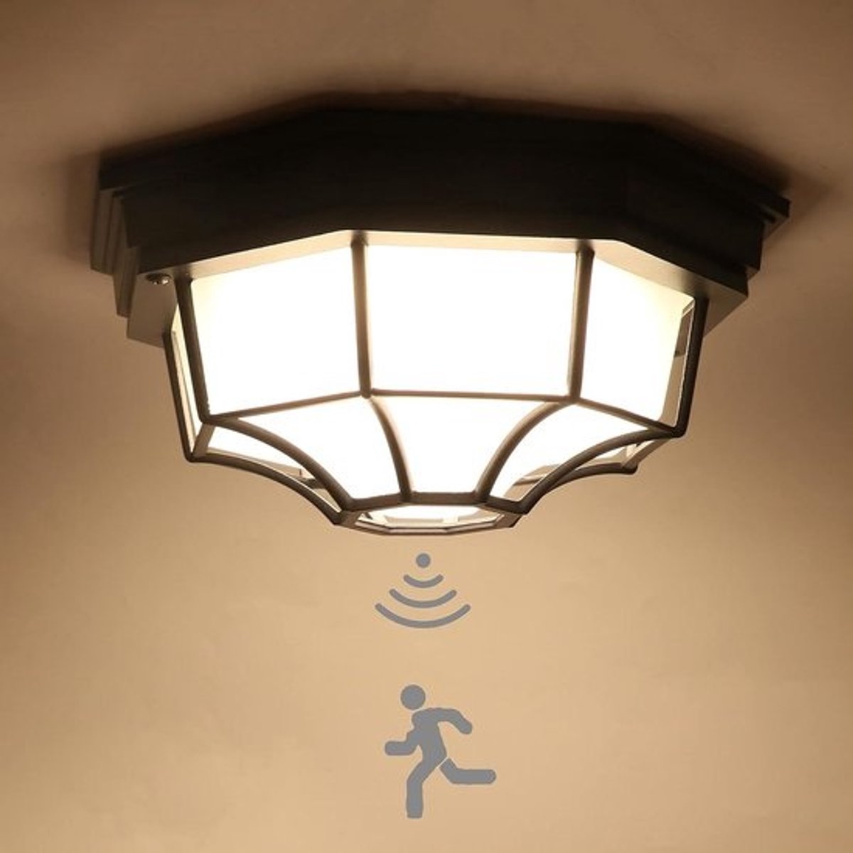 Plafondlamp met Sensor - Buitenlamp Bewegingsmelder - Veilige Entree Verlichten - Gegoten Aluminium Frame - 3000K Warm Wit - Mat Zwart