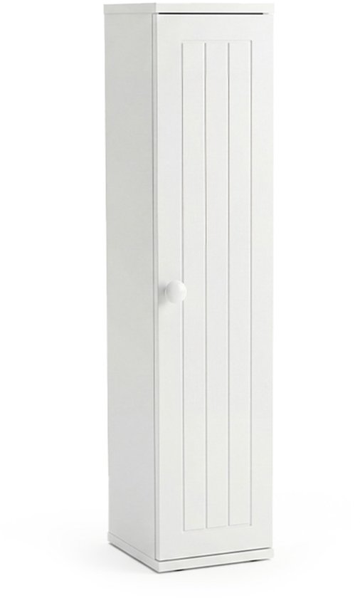 Hoge, smalle witte badkamerkast met één deur en één ronde knop, met verticale groeven op de deur.