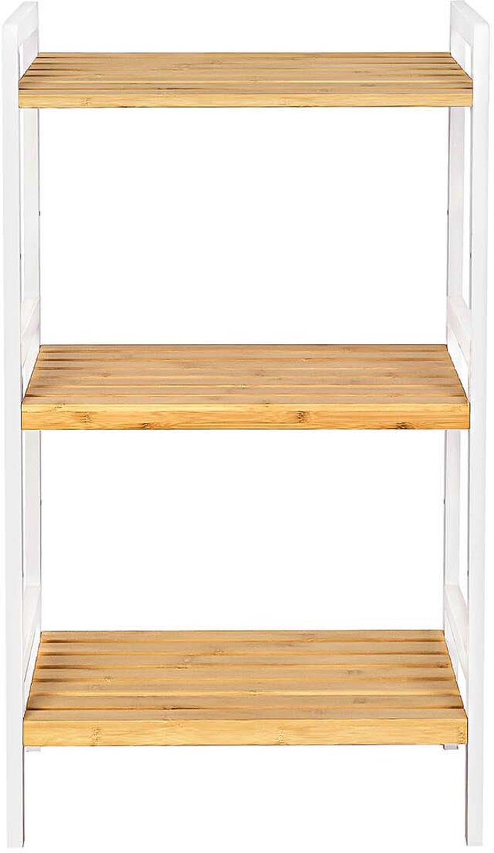 Opbergrek Badkamerrek Keukenrek 45 x 31,5 x 80 cm Wit+Houtkleur 3 verstelbare planken Max. draagvermogen per plank 15 kg Stevig en duurzaam Ruimtebesparend Eenvoudig te monteren Geschikt voor badkamer keuken en slaapkamer