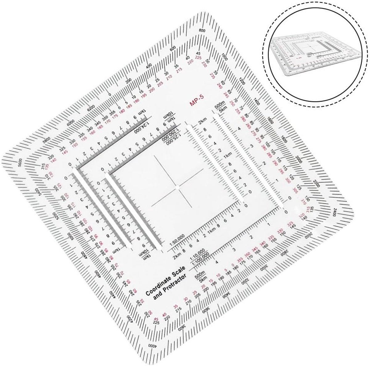 KZQ Coördinatenliniaal - Flexibele kaartweegschaal & gradenboog, transparant acryl - Voor engineering, landmeetkunde, bouw en doe-het-zelf - 7x7 cm