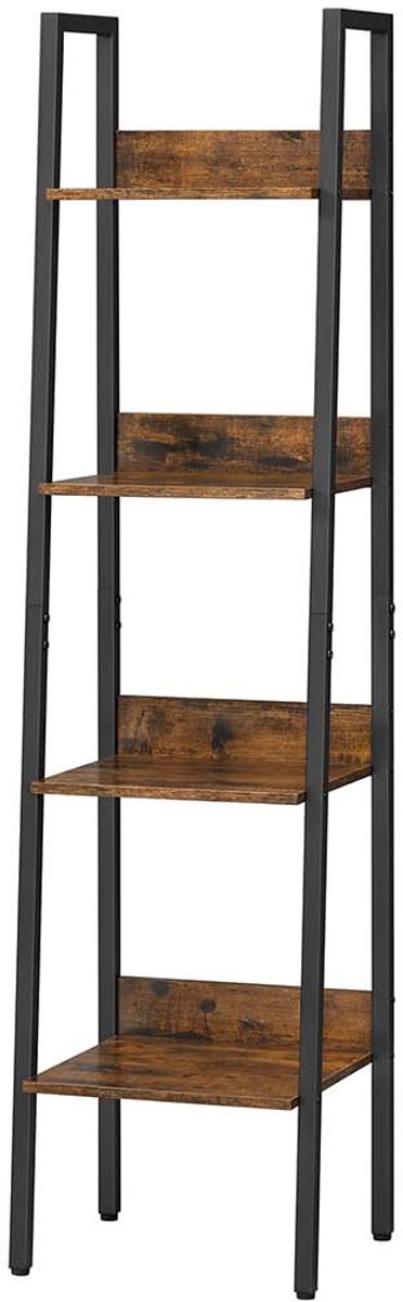 Opbergrek Ladderboekenkast Displayrek 33,8 x 30 x 140 cm Bruin + zwart 4 open planken Met achterpaneel en verstelbare voetjes Stevig stalen frame Max. draagvermogen per plank 10 kg Geschikt voor woonkamer slaapkamer en thuiskantoor