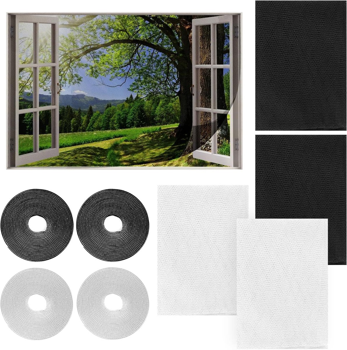 Set van 4 Insectenhorren voor Raam, Zelfklevend en Op Maat Snijbaar, Inclusief Klittenband en Lijmtape, Wit en Zwart, 130 x 150 cm, Ideaal voor Dieren en Allergieën