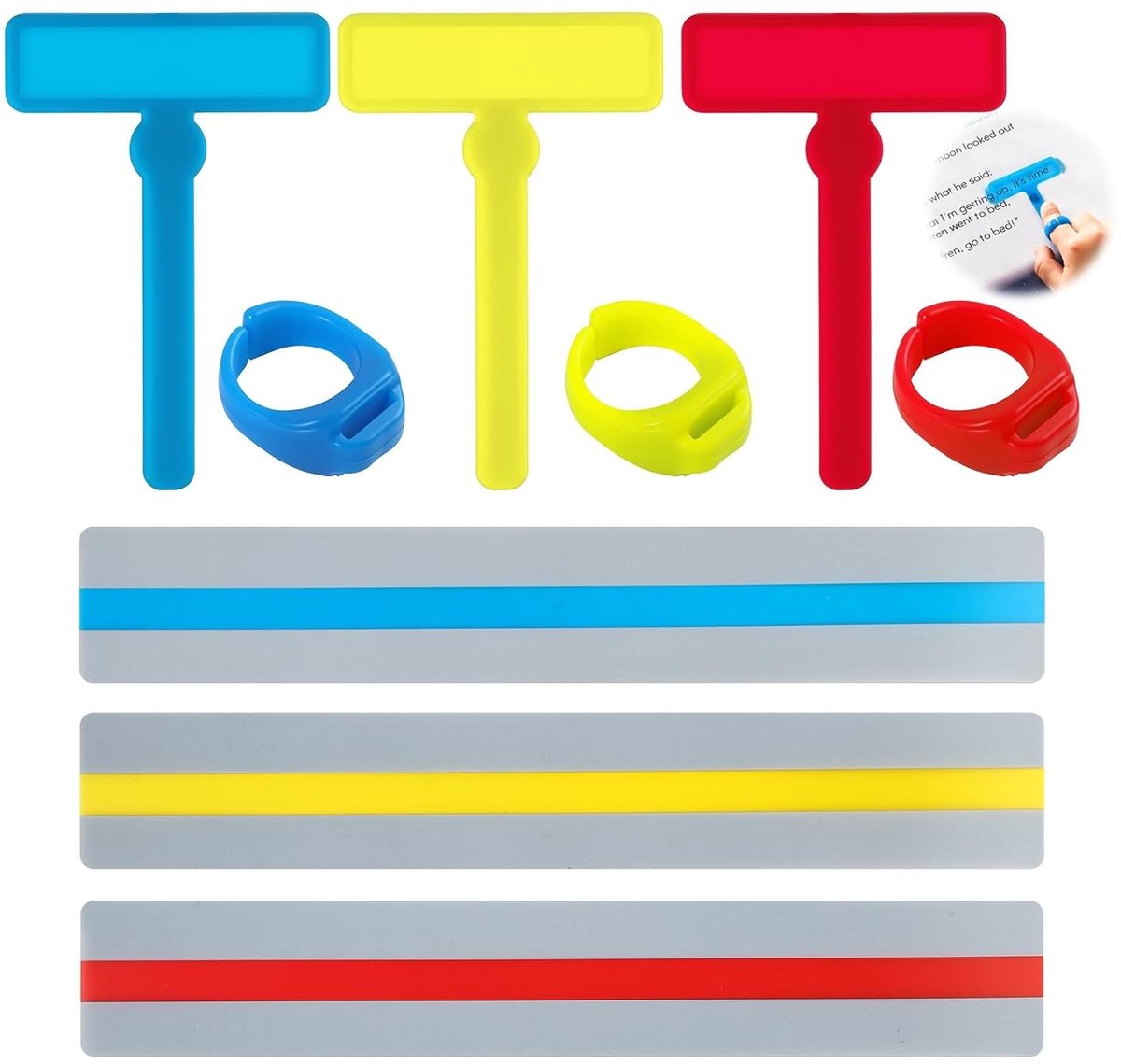 Set van 3 leeslinialen in rood, geel en blauw voor dyslexie, visuele stressvermindering en markeren van tekst