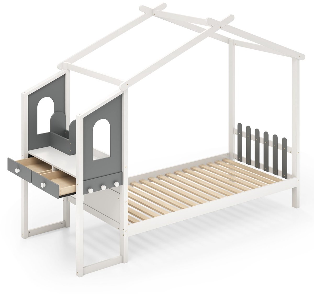SureDeal® - Kinderbedd - Eenpersoonsbed - Bureau Houten Bed - Hekvormig Hoofdeinde Haken - Laden Lattenbodem - 253x102x193 cm - Wit + Grijs