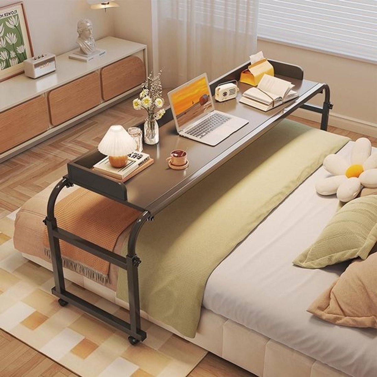 Bedtafel met wieltjes - Nachtkastje tafel - Comfortabel werken - In hoogte verstelbaar - 115-210 cm breed - Zwart