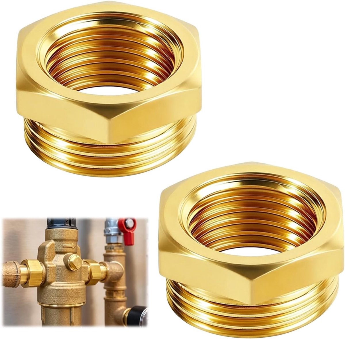 Verloopstuk 1 inch naar 3/4 inch messing reductie voor water- en gasleidingen - 2 stuks