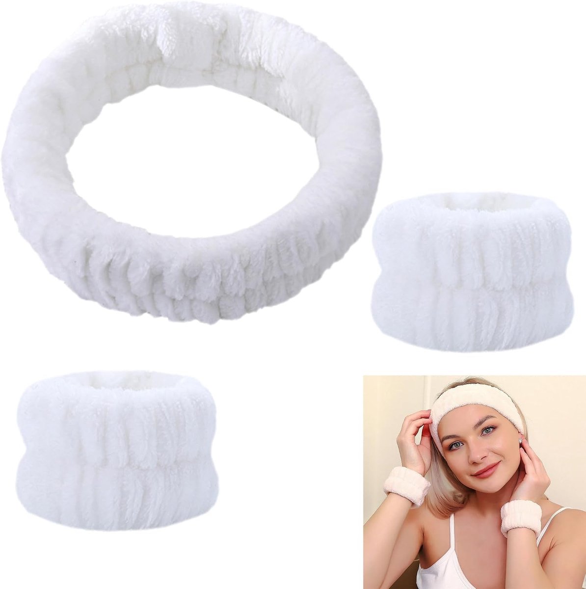 Witte Make-up Haarband en Absorberende Polsdoeken Set voor Gezichtsreiniging en Douche Accessoires, Ideaal voor Schoonheidsroutine en Thuisgebruik