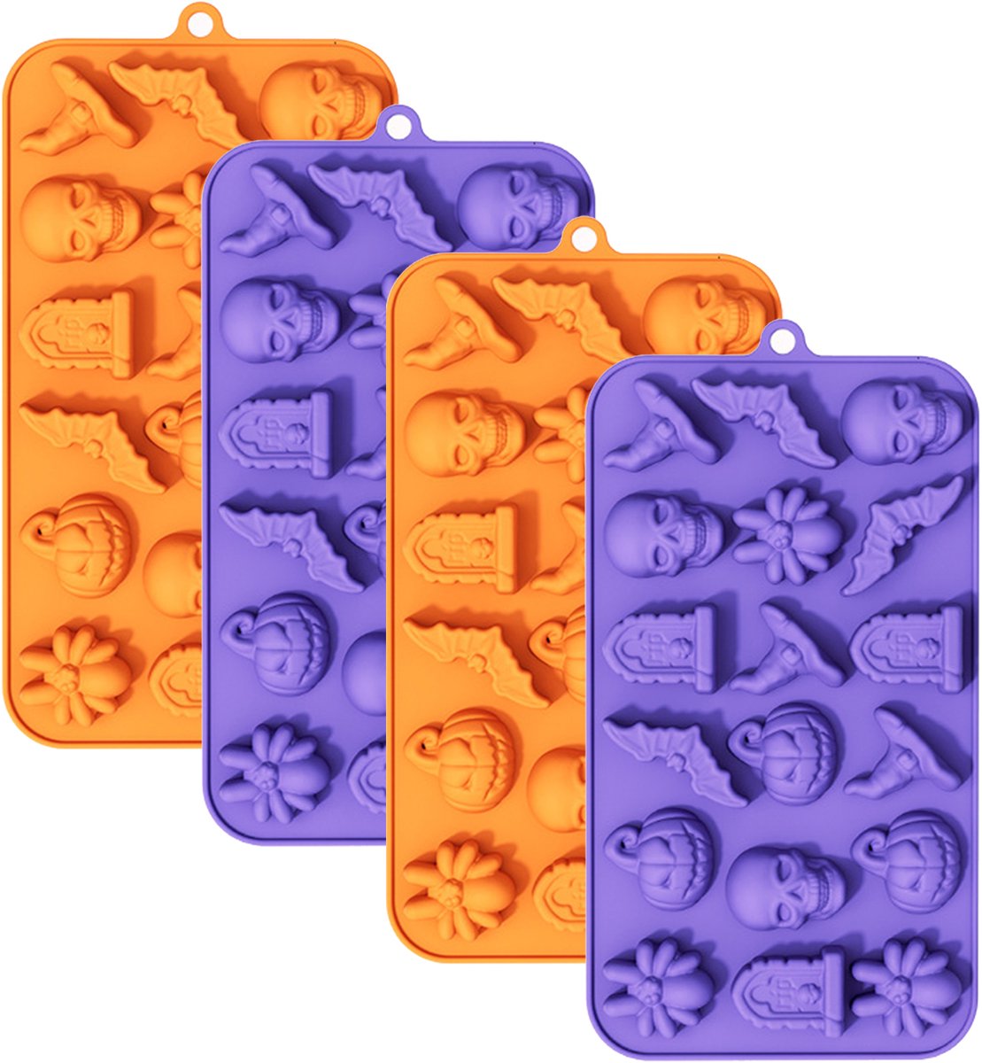 Siliconen Halloween-vormen voor chocolade - 4 stuks - 3D Halloween-vormen voor chocolade - snoep en gummibeer: schedel - pompoen - vleermuis - spook - heksenhoed - spin - grafsteen.