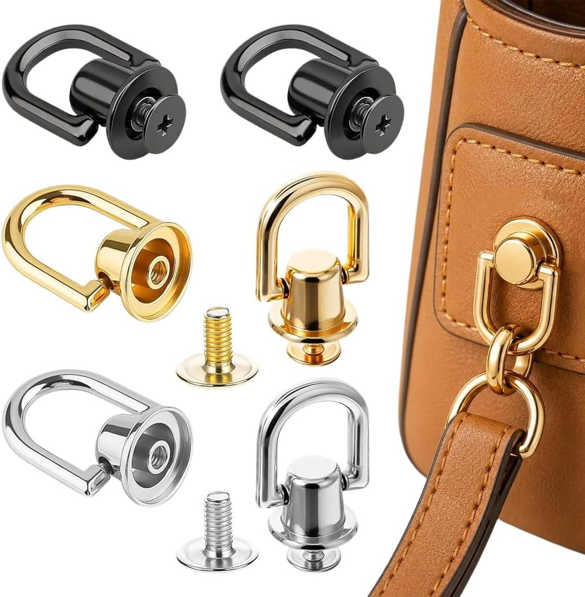 9 Stuks D-Ring Schroefnagels - Metalen Rivets voor Leer, Tassen en Schouderbanden - 360° Rotatable en Inclusief Gatpons en Schroeven