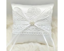 Elegante Lace Ringkussen voor Huwelijk met Parels, Perfect voor Ceremonie en Decoratie, 15 x 15 cm, Ideaal voor Strandbruiloft en Verloving