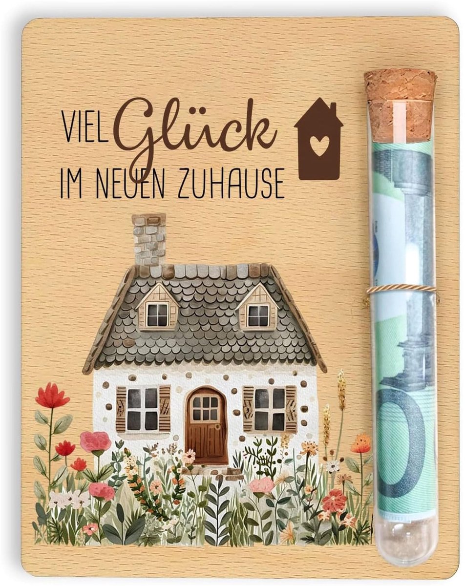 Geldgeschenk van Hout met Glazen Buis en Jute Touw - Origineel Cadeau voor Verhuizing