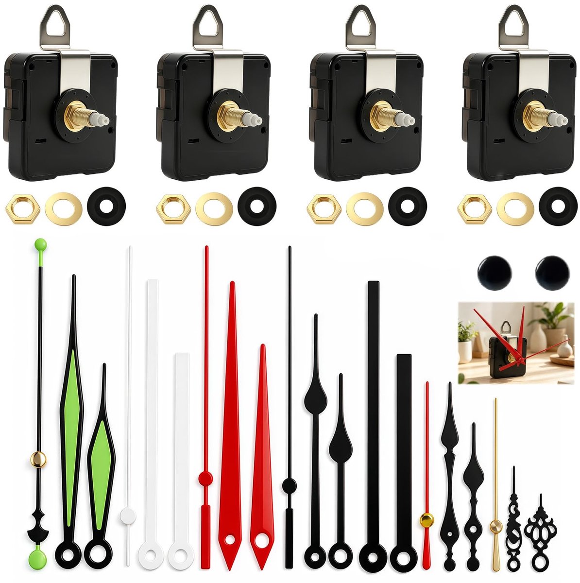 Wandklokmechanismen set van 4 met 7 sets wijzers - stille kwartsuurwerken