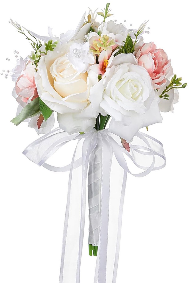 Bruiloft Bloemboeket - Kunstmatige Rozen met Groene Bladeren - 31 x 20 x 15 cm