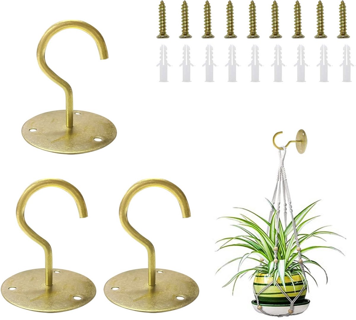 3 Stuks Plafondhaken voor Planten - Metalen Hangers - Goud