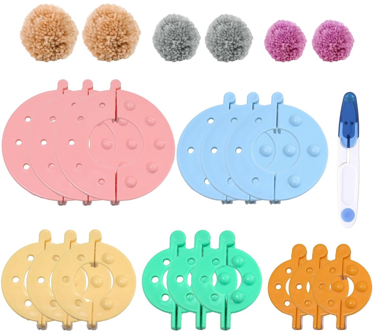15 Stuks Pompom Maker - 4 Maten - Meerdere Kleuren