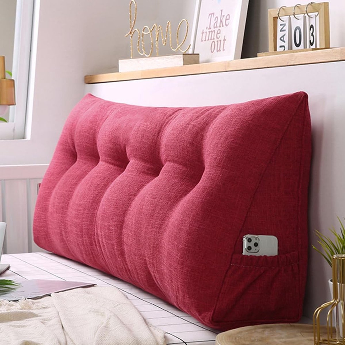 Grote wigvormige rugkussen - Hoofdkussen voor bed en bank 150 x 50 x 20 cm rood