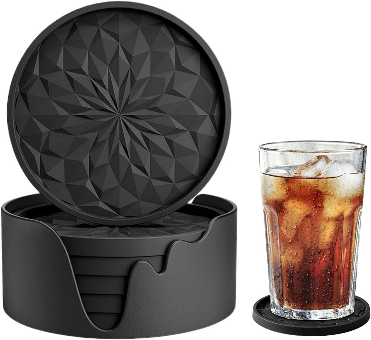 Set van 6 Siliconen Onderzetters met Houder - 10x10 cm, Diamantdesign, Antislip en Warmte-isolerend voor Dranken, Vaatwasserbestendig
