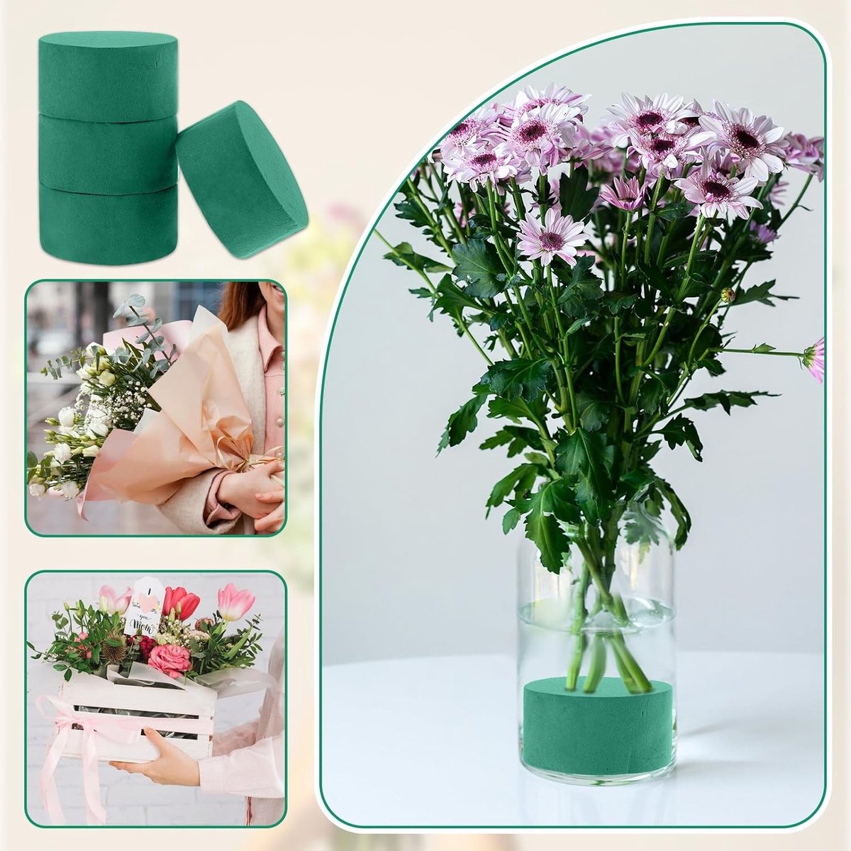 Set van 4 Ronde Bloem Stitch Foam - Groene Floral Foam voor Verse Bloemen, Bruiloften en Feestdecoratie (8x4cm)