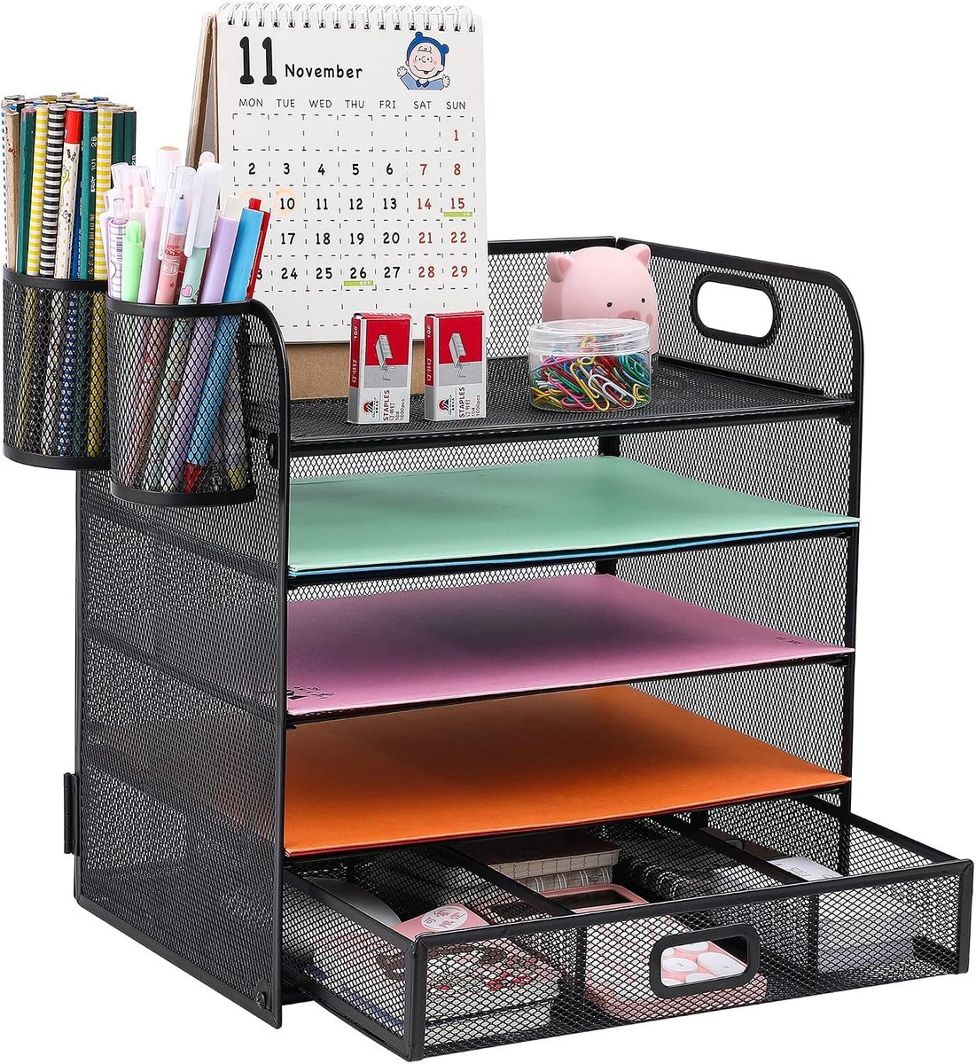 Papier Organizer met 5 Lagen, Metalen Desk File Organizer met Handvat, Papieren Sorter voor A4 en Briefen, Ideaal voor Kantoor en Thuisgebruik