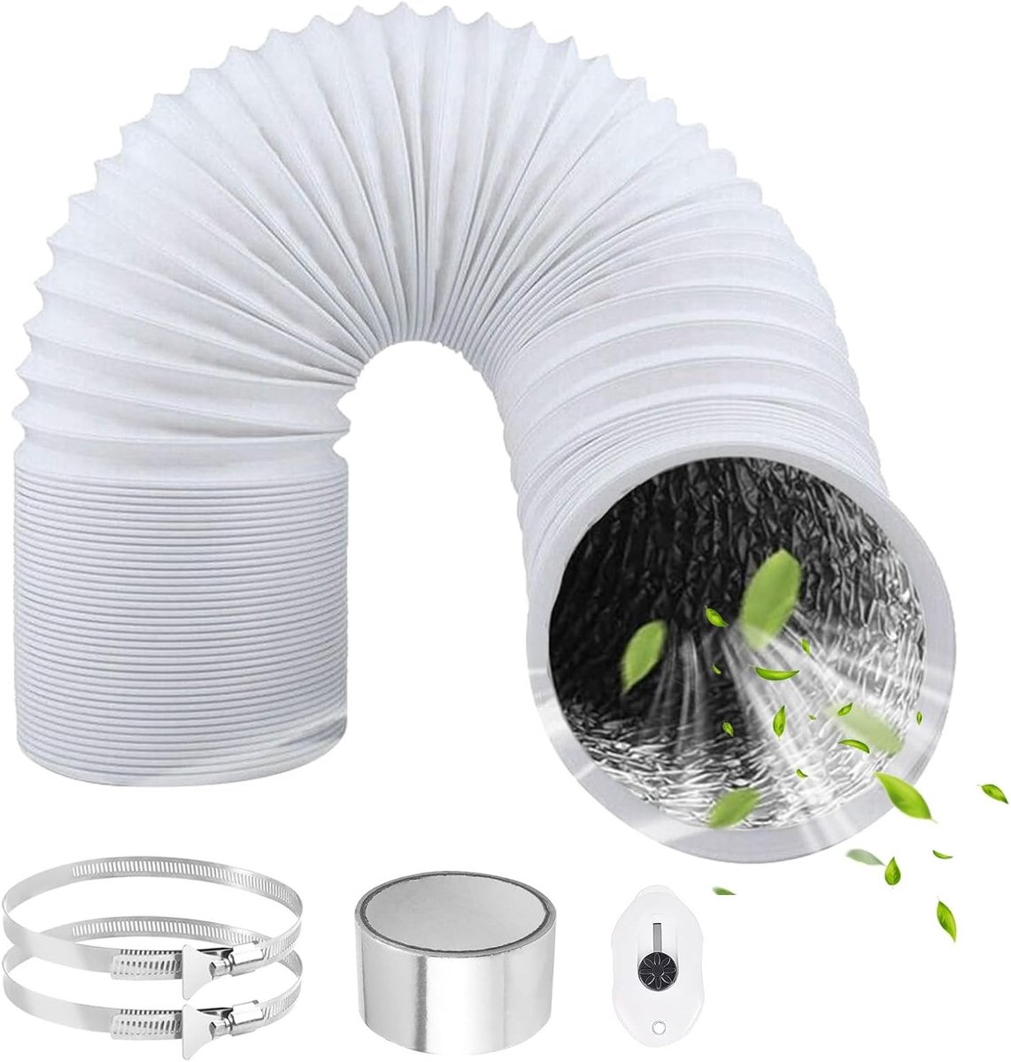 Flexibele PVC Afvoerslang van 3m met 125mm Diameter, Inclusief 2 RVS Slangklemmen en Aluminium Folie Tape voor Airco, Wasdroger en Afzuigkap