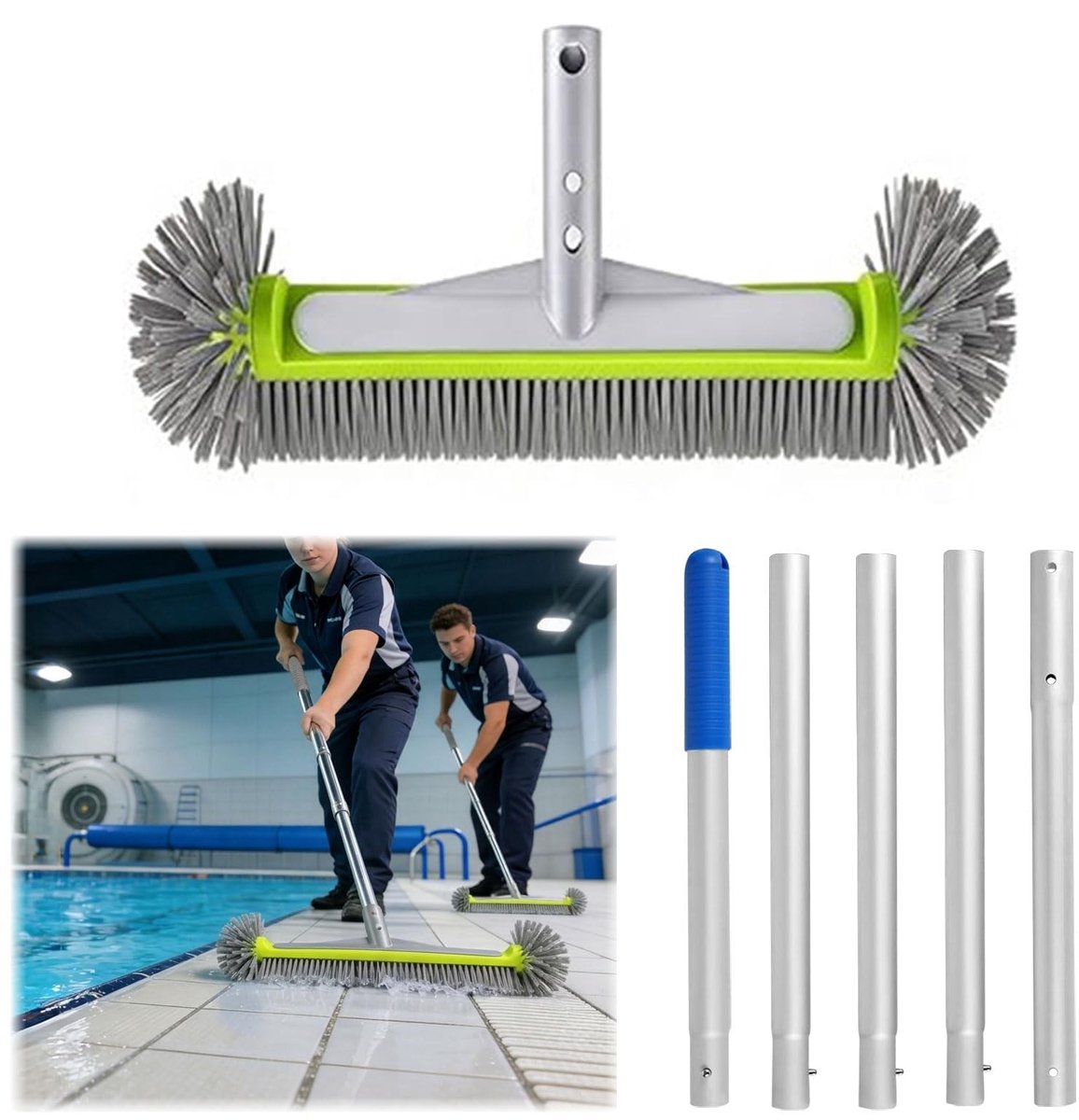 Poolborstel met Halfronde Haren - Voor Tegels en Stappen - Met Verlengstang
