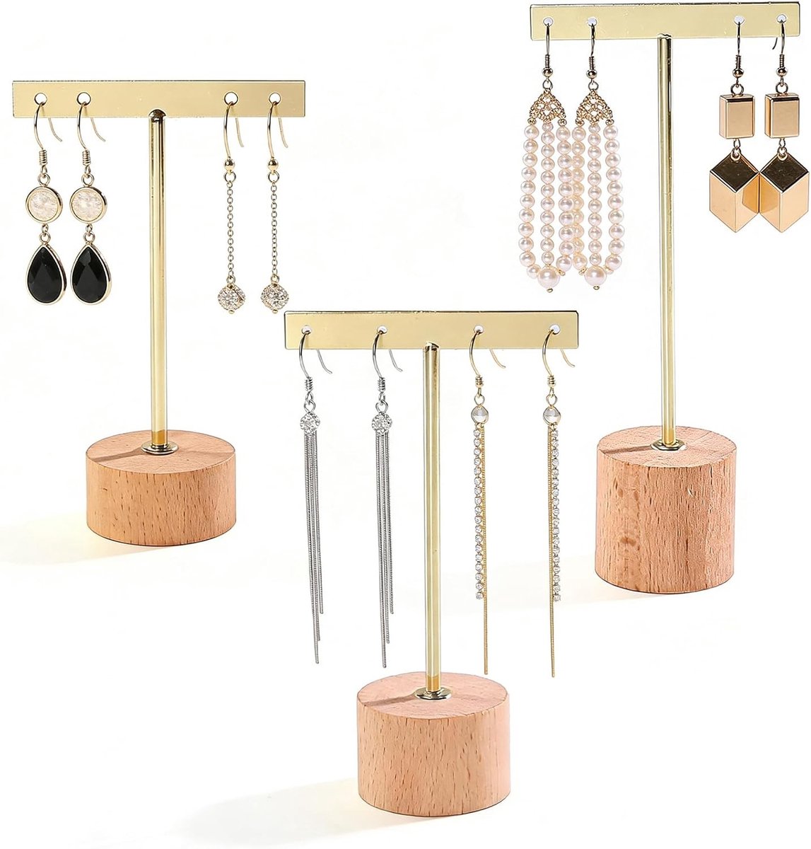 Earring Stand Houder Set - 3 Stuks T Bar Oorbellen Display met Houten Basis voor Sieraden Organisatie en Fotografie, Ideaal voor Oorbellen, Kettingen en Armbanden