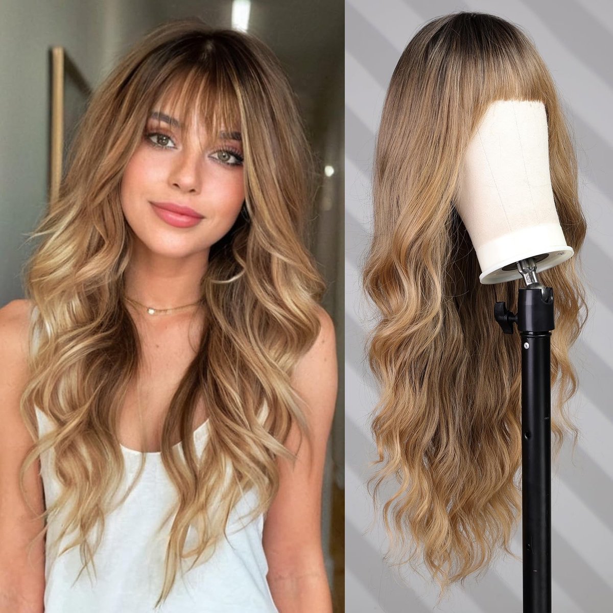 Lange Wavy Perucq met Pony - Synthetisch Haar - Gouden Bruin