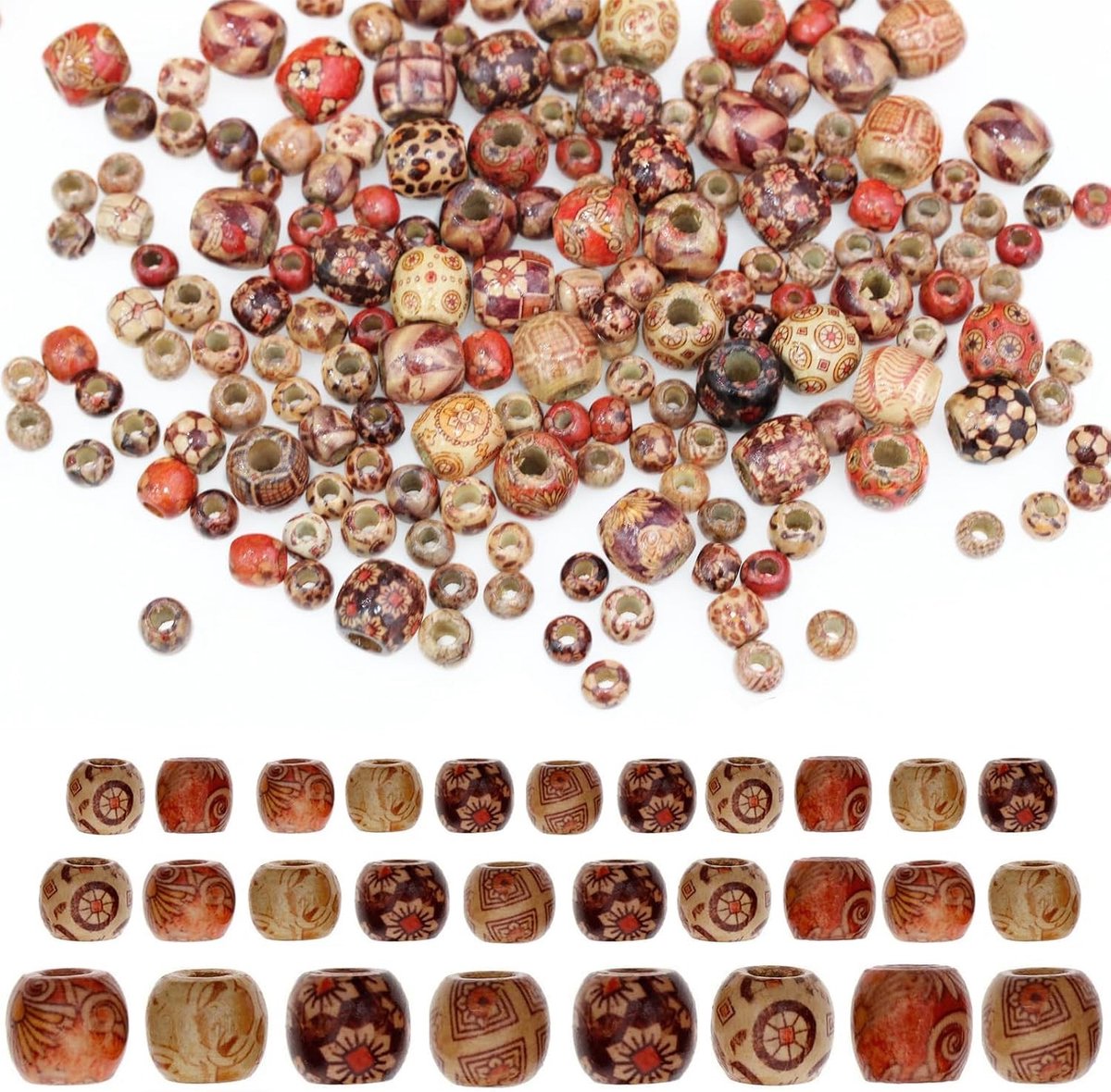 300 Stuks Grote Houten Kralen met Print, Natuurlijke Ovale Kralen van 10mm, 12mm en 17mm voor Rijgen, Houten Ballen en Spacer Kralen