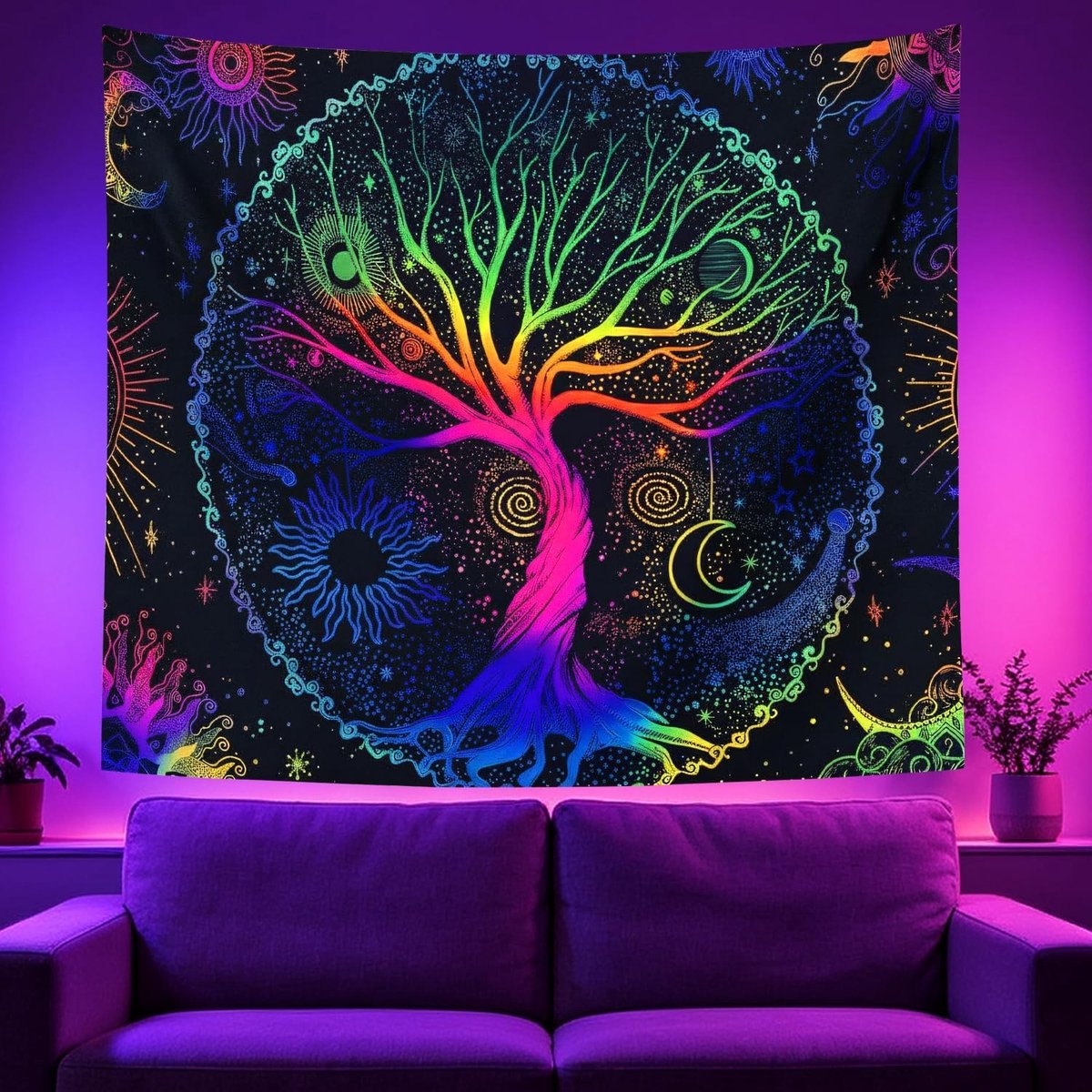 Boom des Levens Wandtapijt, Glow in the Dark, UV-geprint, Halloween Decoratie, 130 x 150 cm, Unieke Muurdecoratie, Spirituele Sfeer, Nachtlicht Effect