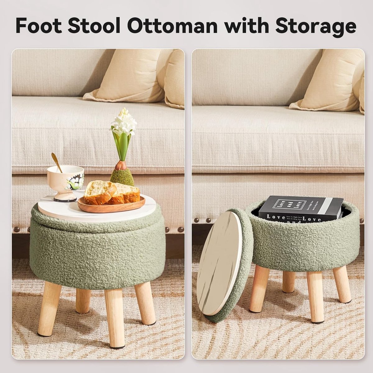 Ronde Teddy Velours Poef met Opbergruimte en Gevoerde Zitting voor Woonkamer en Slaapkamer, Groene Mini Voetsteun van 33 cm met Houten Poten