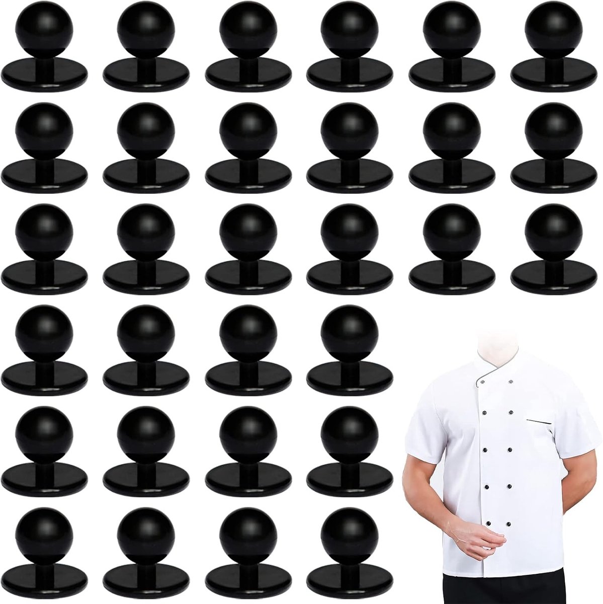 Set van 30 zwarte knoppen voor kookjassen, 11 mm diameter, professionele kookknopen, motiefknoppen, knopen voor chef-koks