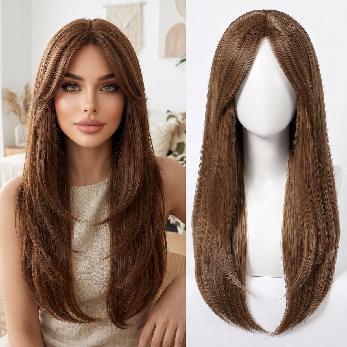 Lange Haarpermanente 26 Inch Warmtebestendige Synthetische Haarwig met Middenscheiding - Roodbruin Gelaagd en Stijlvol voor Dames