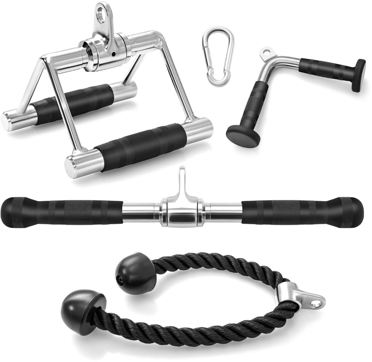 SureDeal® - Buikspiertrainer - Accessoireset - Kabelkrachtmachine Trekaccessoires Vormig - Sportschool Thuis - 18,5x17,5x12 cm - Zwart + Zilver