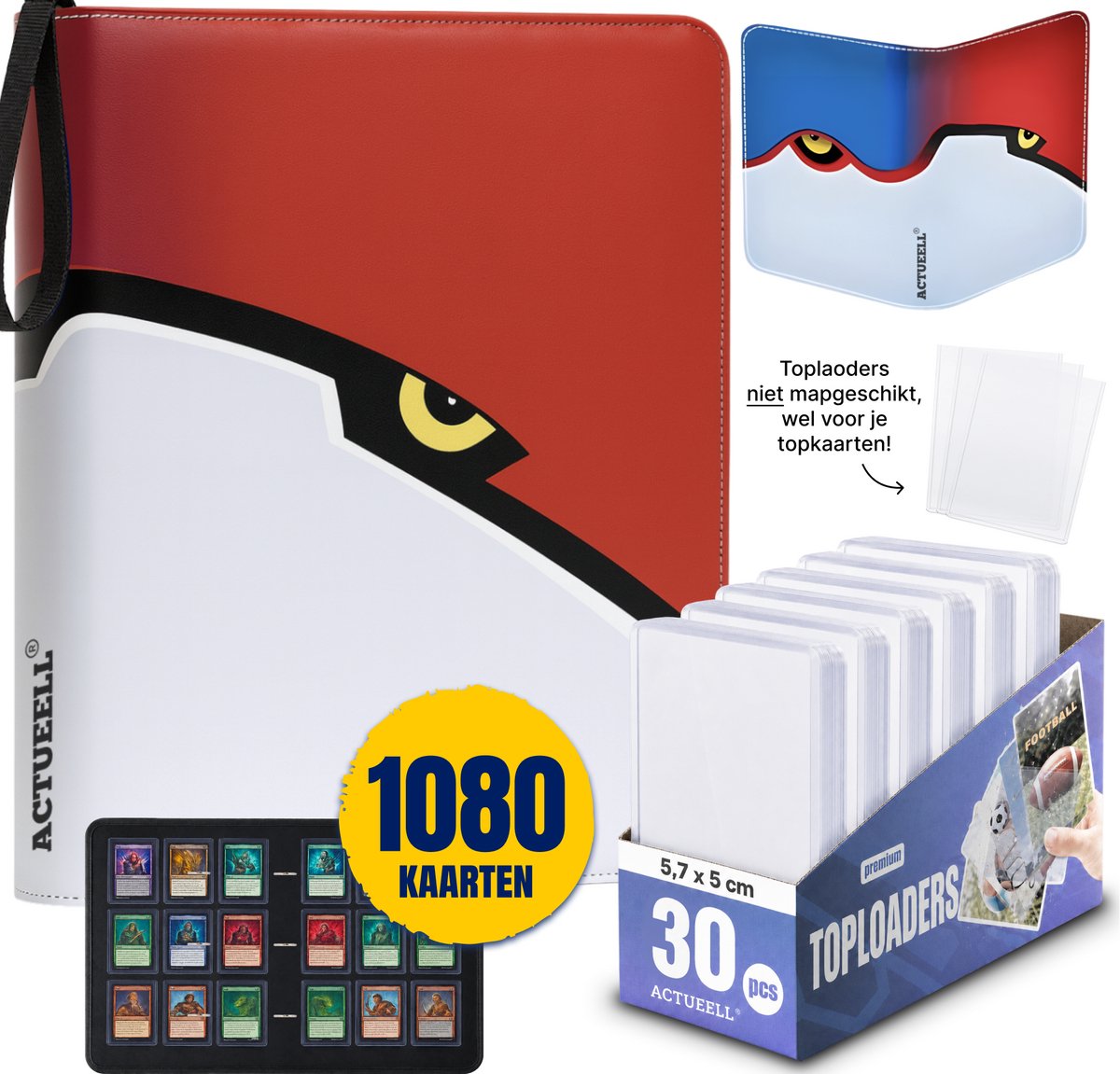 Actueell® A4 Verzamelmap 1080 Kaarten – Binder map voor kaarten - 9 Pocket - Card Binder met Ritssluiting - 60 Pagina's – Inclusief 30 Toploaders niet mapgeschikt – Premium Leer