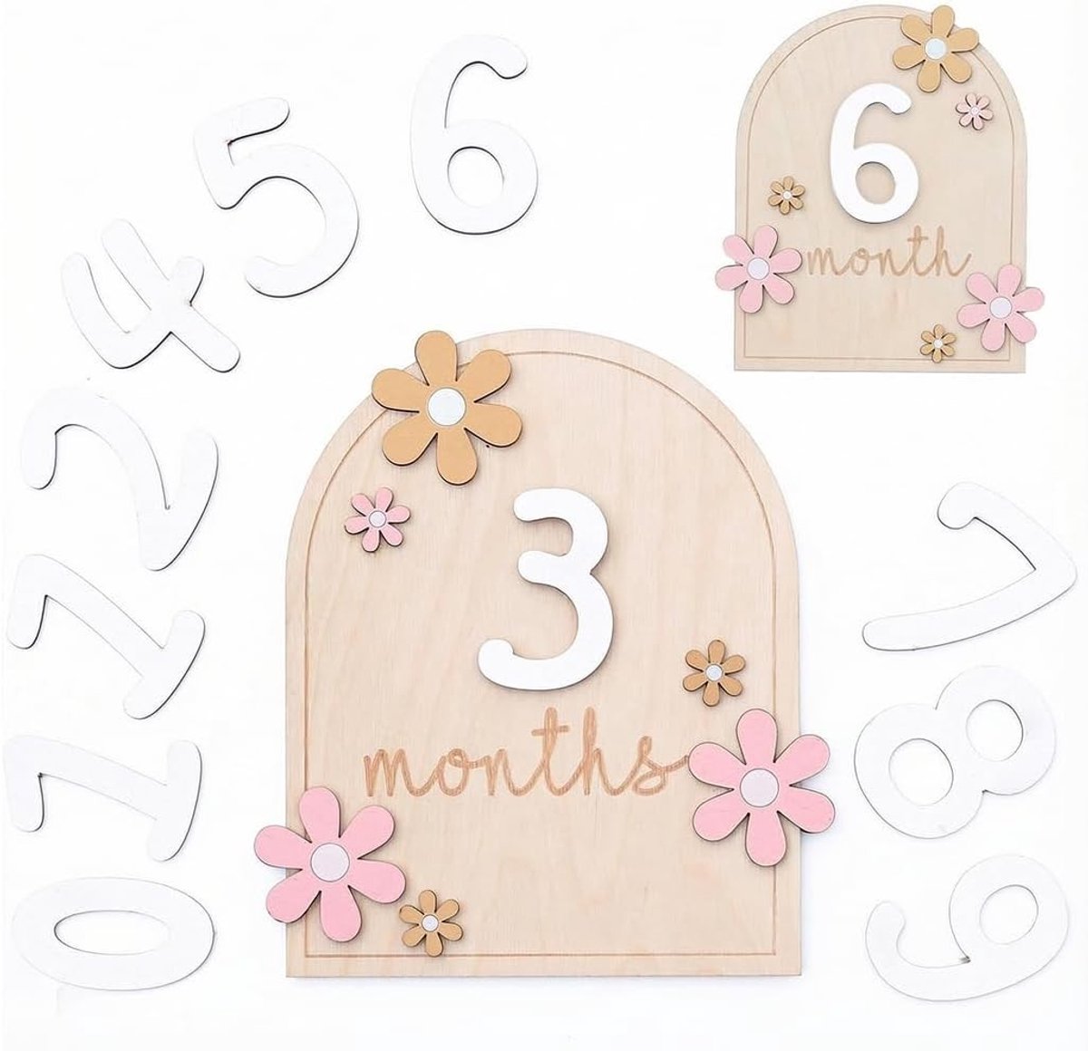 Maandelijkse Mijlpaalkaarten van Hout met Bloemenprint voor Pasgeborenen - Fotografie Accessoire voor Baby's, Unisex Cadeau voor Babyshowers en Eerste Jaar