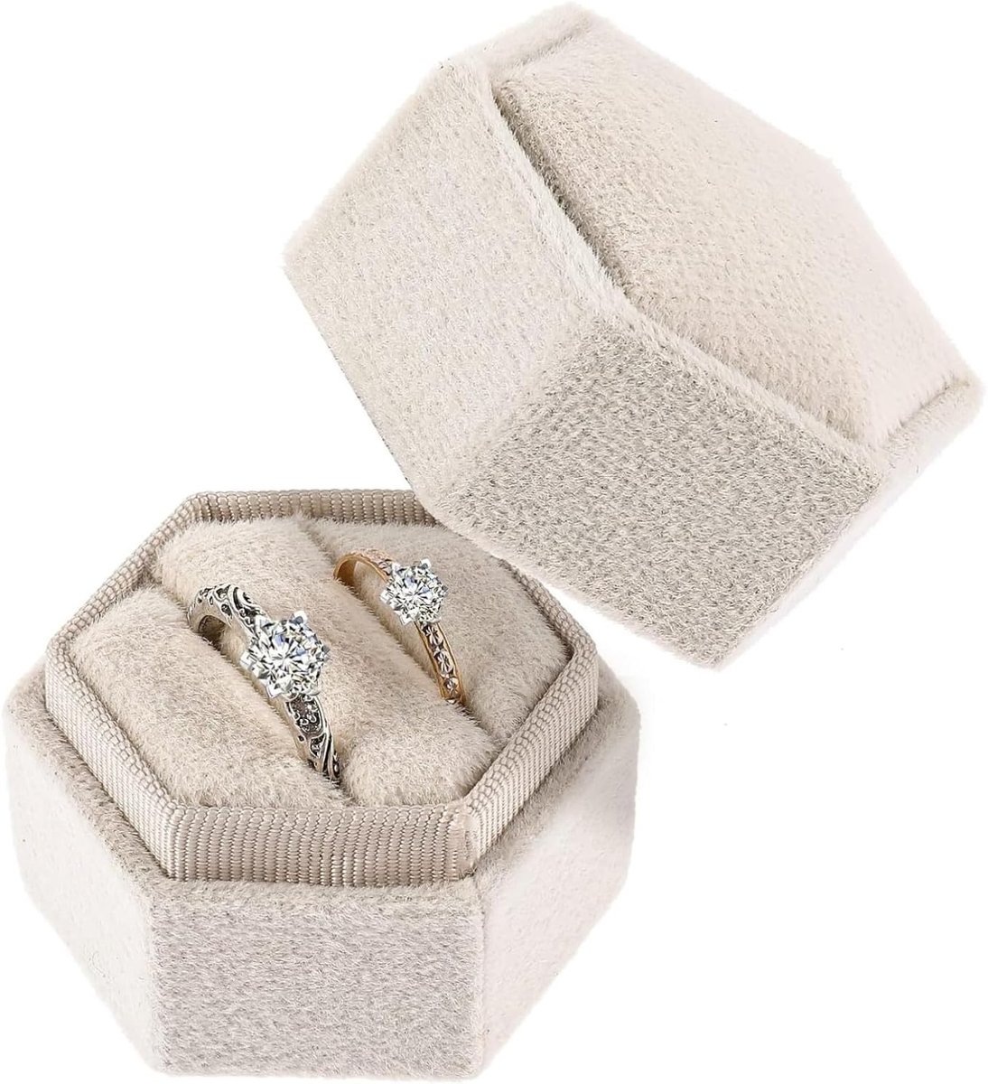 Elegante Ringenbox met 2 Slots en Verwijderbaar Deksel voor Trouwerijen, Voorstellen en Verlovingen - Perfect voor Sieradenpresentatie en Cadeaus (Beige)