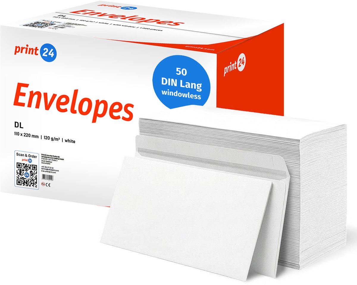 NIEUW: print24 Enveloppen zonder venster, DIN Lang, onbedrukt, 50 stuks