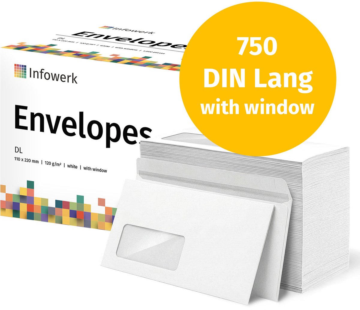 NIEUW: Infowerk Enveloppen met venster, DIN Lang, onbedrukt, 750 stuks