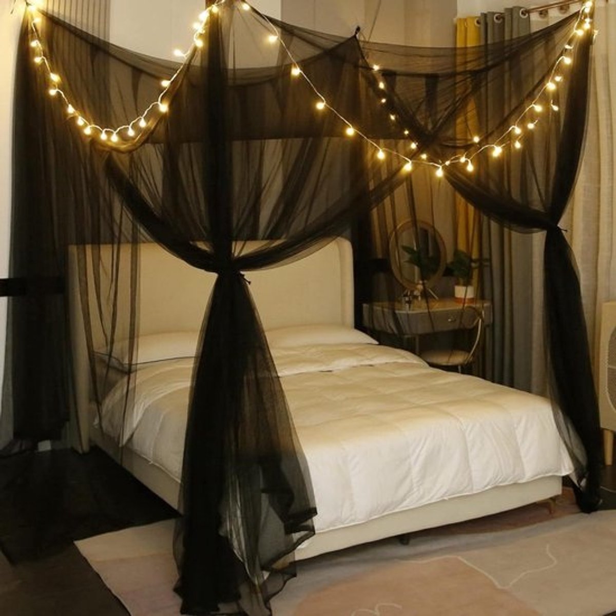 Luifel Bedgordijnen - Hemelbed Gordijn - Insecten Buiten Houden - Met Ingebouwde Verlichting - 87x79x98 inch - Zwart