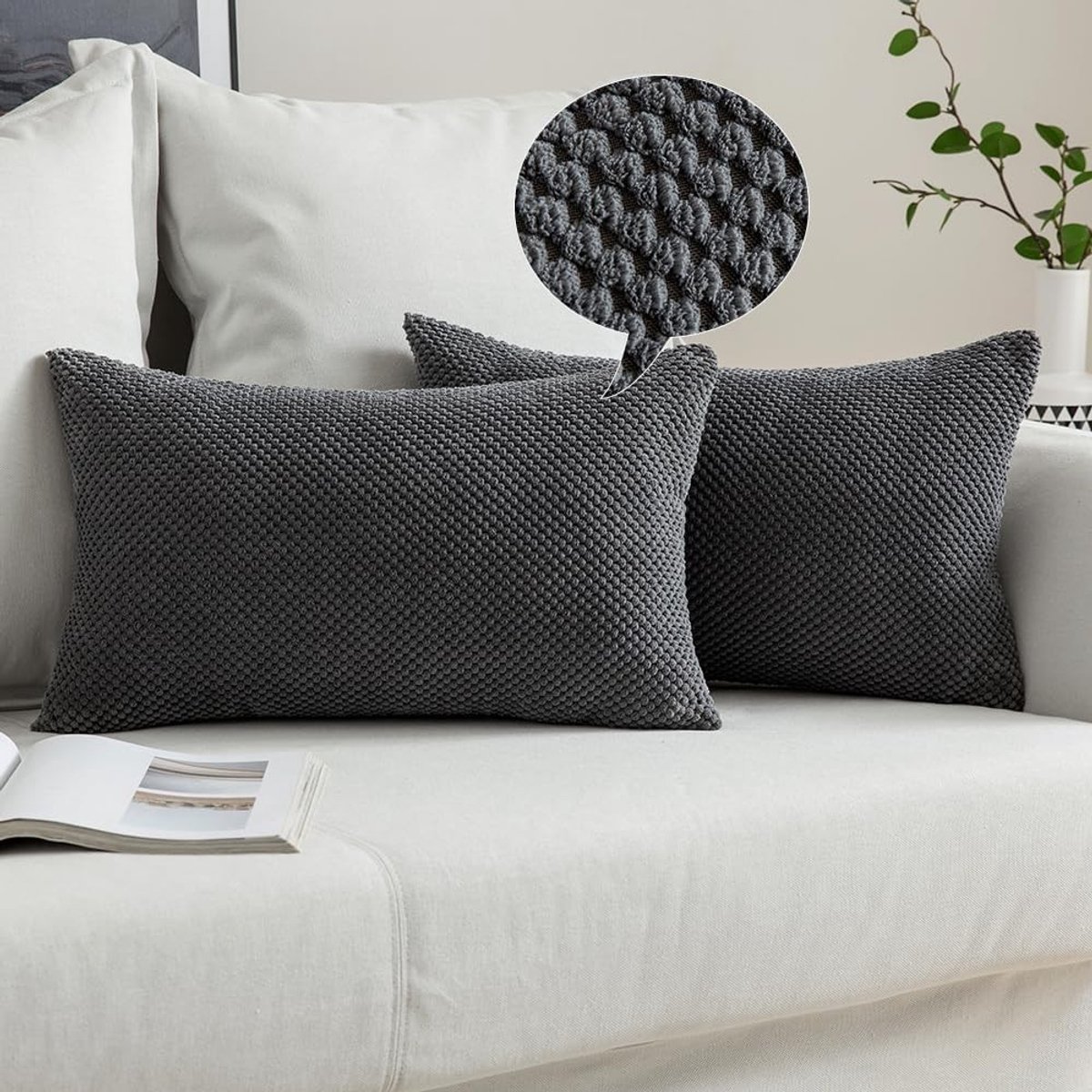 Set van 2 Decoratieve Kussenhoezen 30x50cm in Donkergrijs voor Sofa en Slaapkamer, Zachte Zierkussens voor Woonkamer Decoratie