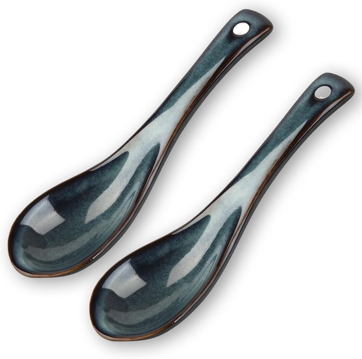 Set van 2 Keramische Soeplepels voor Aziatische Gerechten, Ideaal voor Miso, Pho en Dim Sum, Korte Handgreep en Blauw Design