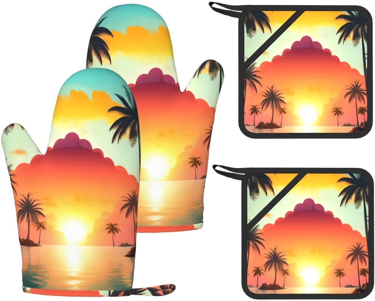 Keukenset met Sunrise Tropical Palm Tree Island - Hittebestendige ovenhandschoenen en antislip pannenlappen
