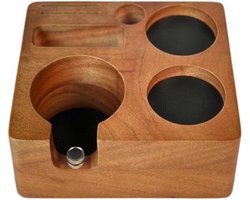 Tamperstation van walnoothout 58 mm, multifunctioneel met opbergvakken, perfect voor espressomachines en zeefdragermanden