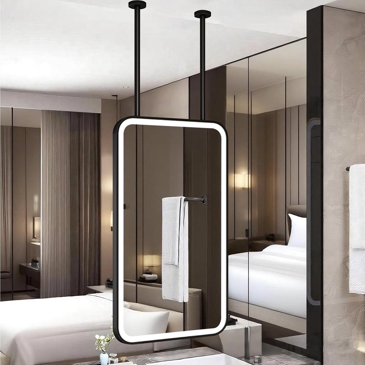 Hangende Wandspiegel - Metalen Frame - LED Verlichting - Zwart - 50cm x 70cm