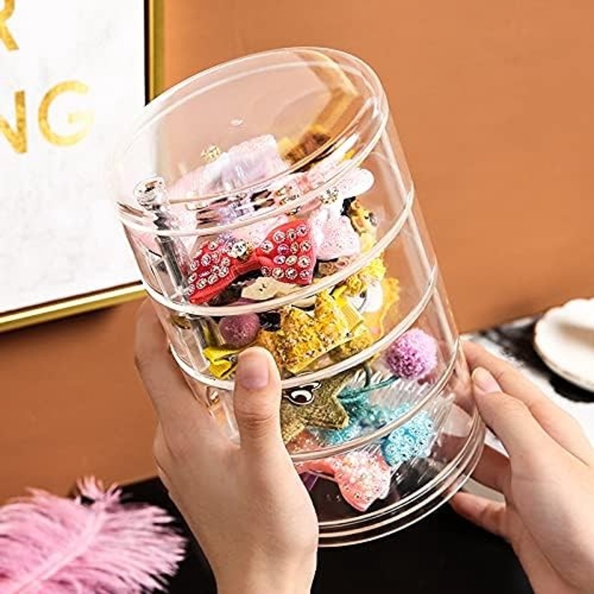 Opslagdoos voor Kinderen, Haaraccessoires, Haarspelden, Sieraden en Elastiekjes - Transparante Draaiende Opbergdoos