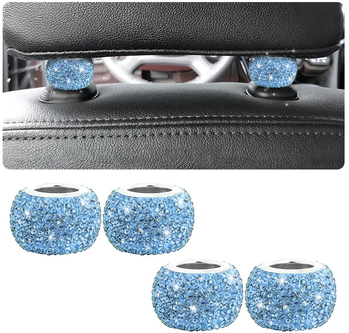 Dailygoods- Hoofdsteun Decoratie 4 Stuks - Diamantkristallen Ringen - Autostoel Accessoires - Bling Interieurdecoratie - Geschikt voor Afneembare Hoofdsteunen - Materiaal: Koper, Strass-steentjes - Autodecoratie