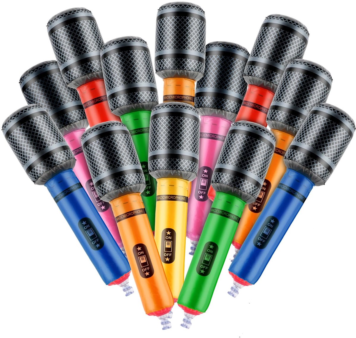 Dailygoods- Opblaasbare Microfoon 25 cm - 12 Stuks - PVC - Jaren 80/90 - Themafeest - Decoraties - Diverse Kleuren - Feestmicrofoon