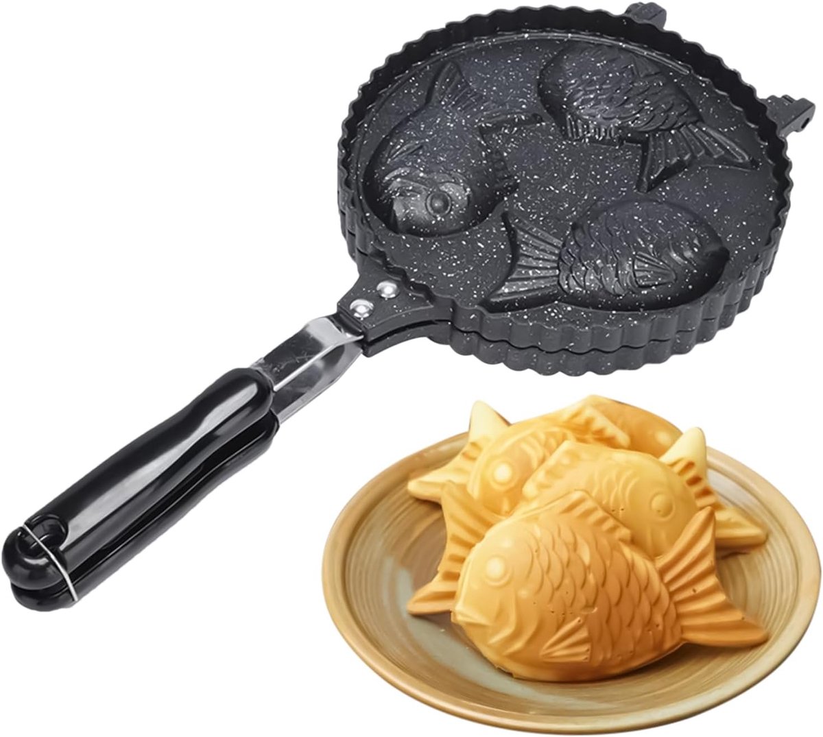 Taiyaki Pan - Visvormige Wafelmaker - Desserts Maken - Non-stick Aluminium - 41 x 20 cm - Zwart
