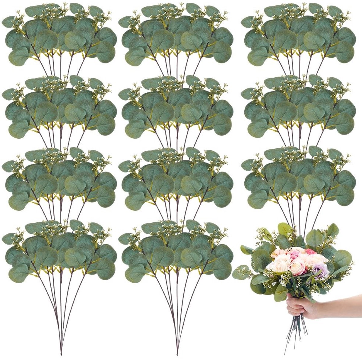 Dailygoods- Eucalyptusbladeren 80 stuks - Kunstmatige Eucalyptus - Faux Takken - Donker Olijfgroen - Decoratie voor Vaas/Tafelstuk - Realistische Stoffen Textuur - Nepplanten