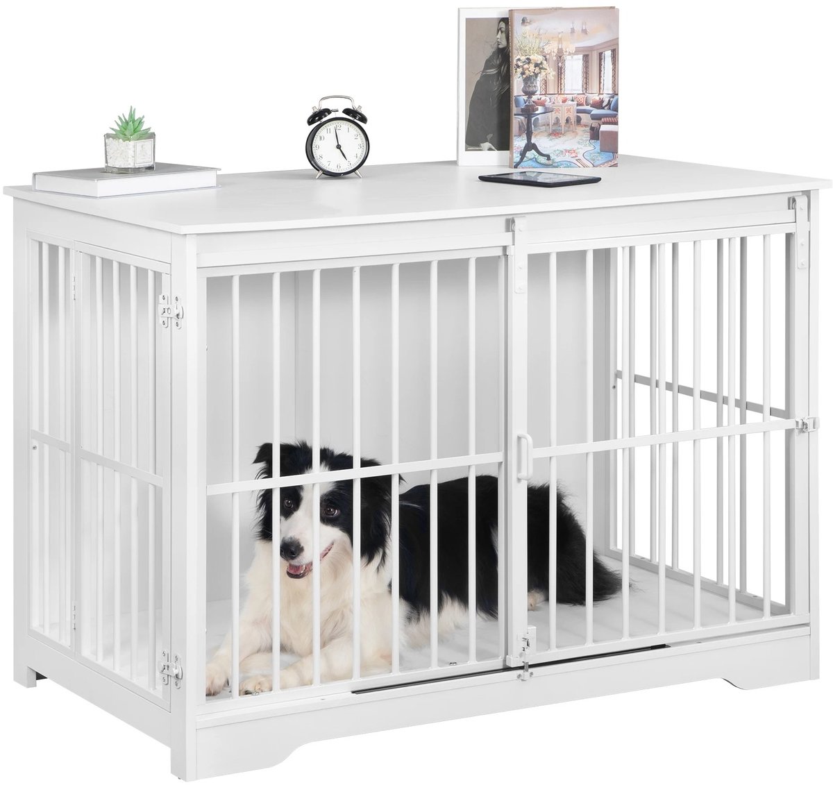 HomeGoodies Hondenkennel Meubel XL – Luxe Hondenbench met Schuifdeuren – Houten Bench & Bijzettafel in 1 – tot 100 kg – Wit